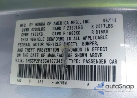 2012 Honda Accord 2.4 Se из США, поврежденный, VIN 1HGCP2F69CA197346